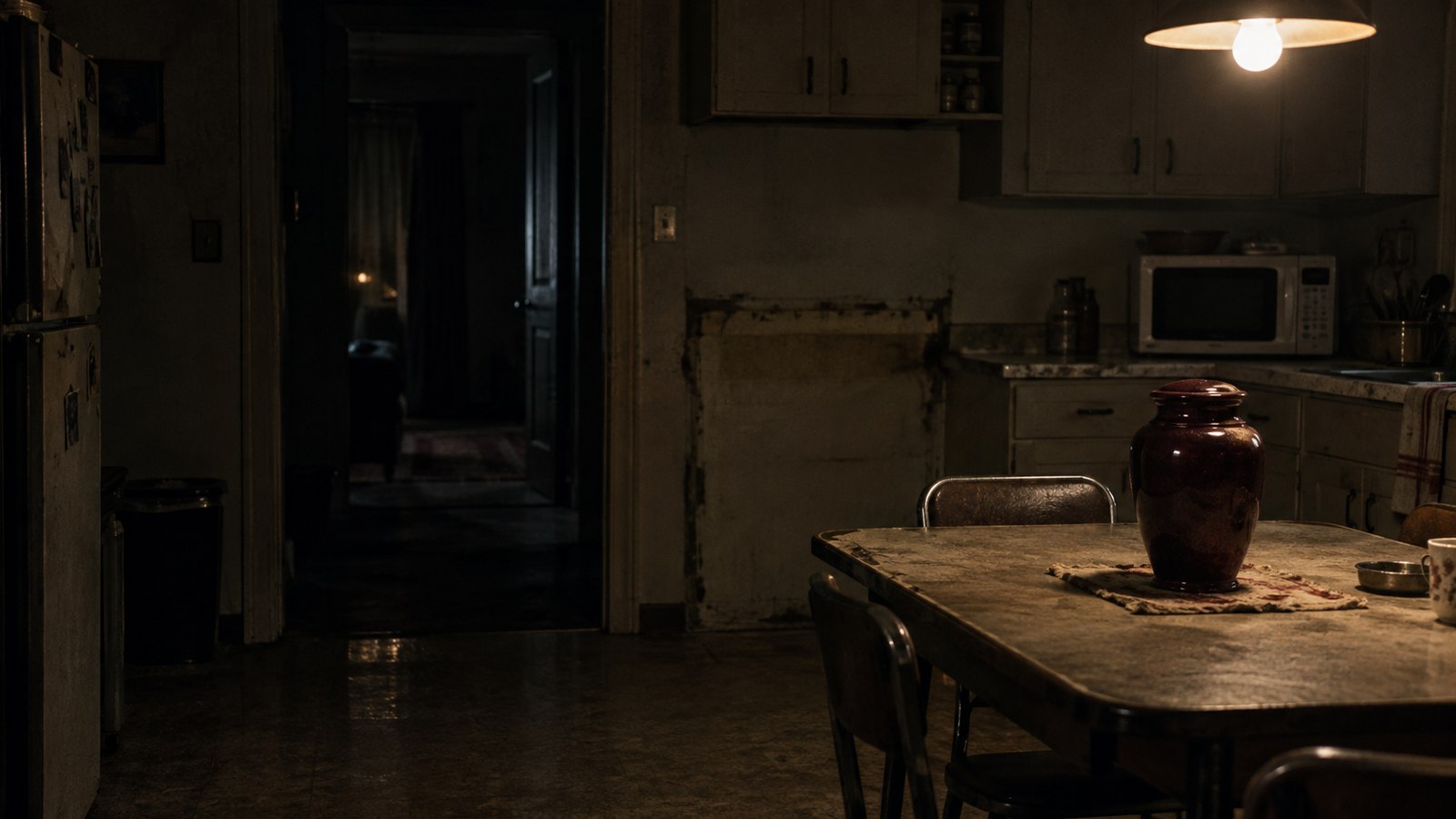 Urn on a worn kitchen table with a dark doorway beyond.