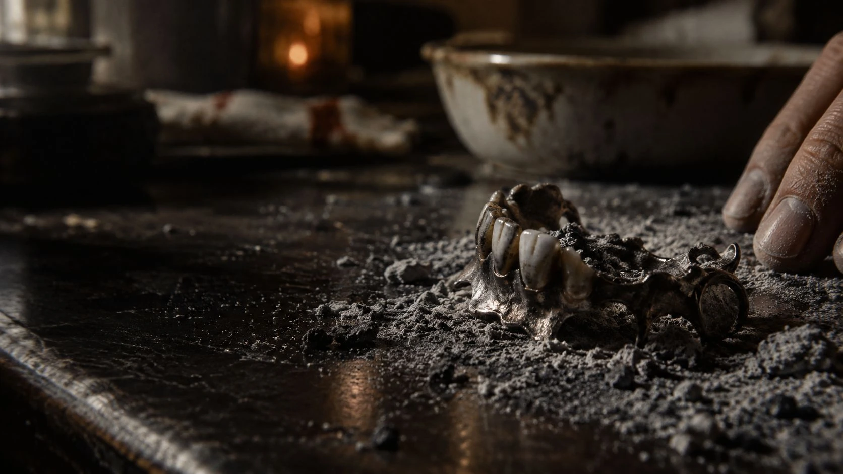 A dental plate among the ashes