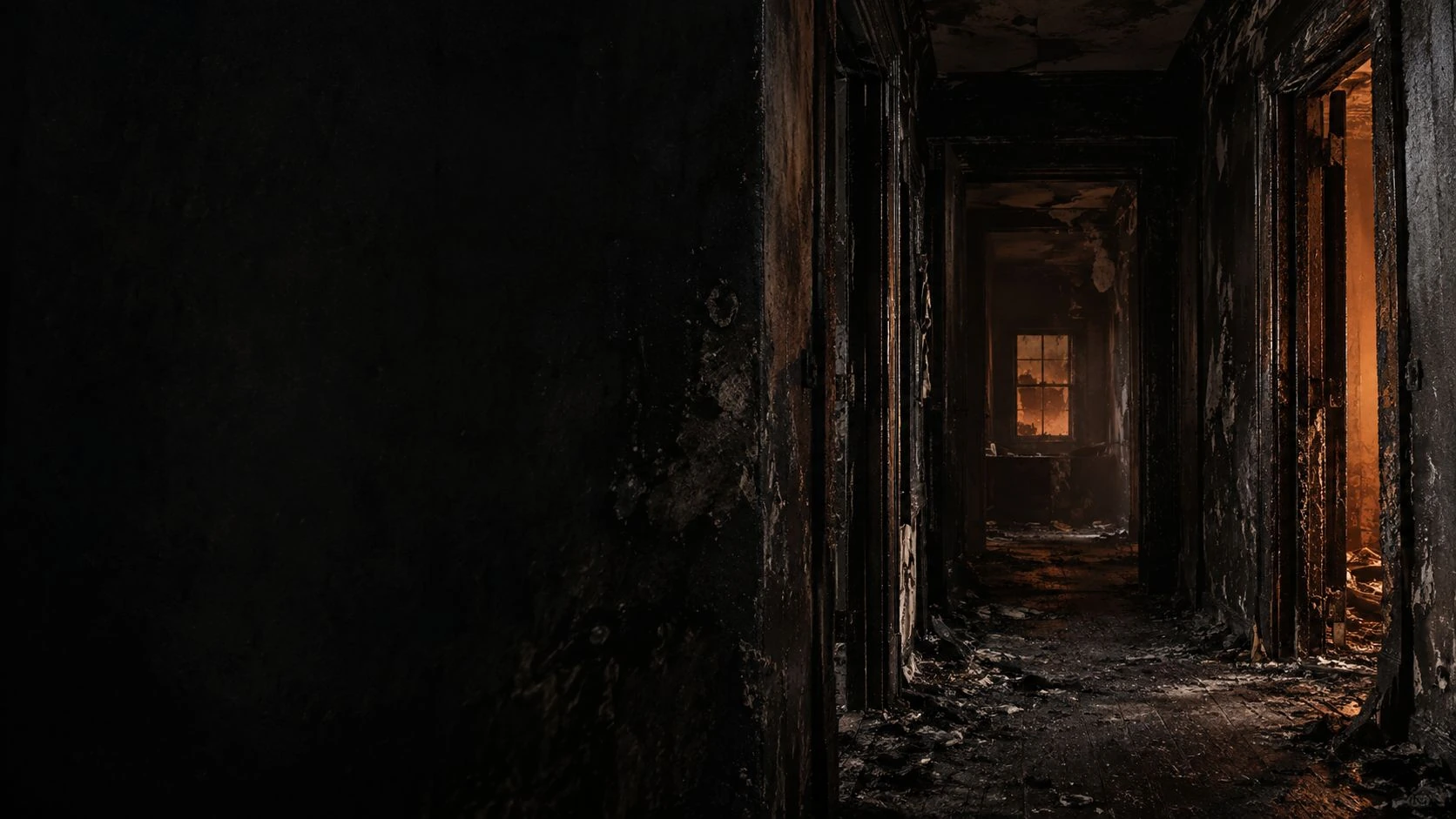 A charred corridor with an amber-lit room beyond
