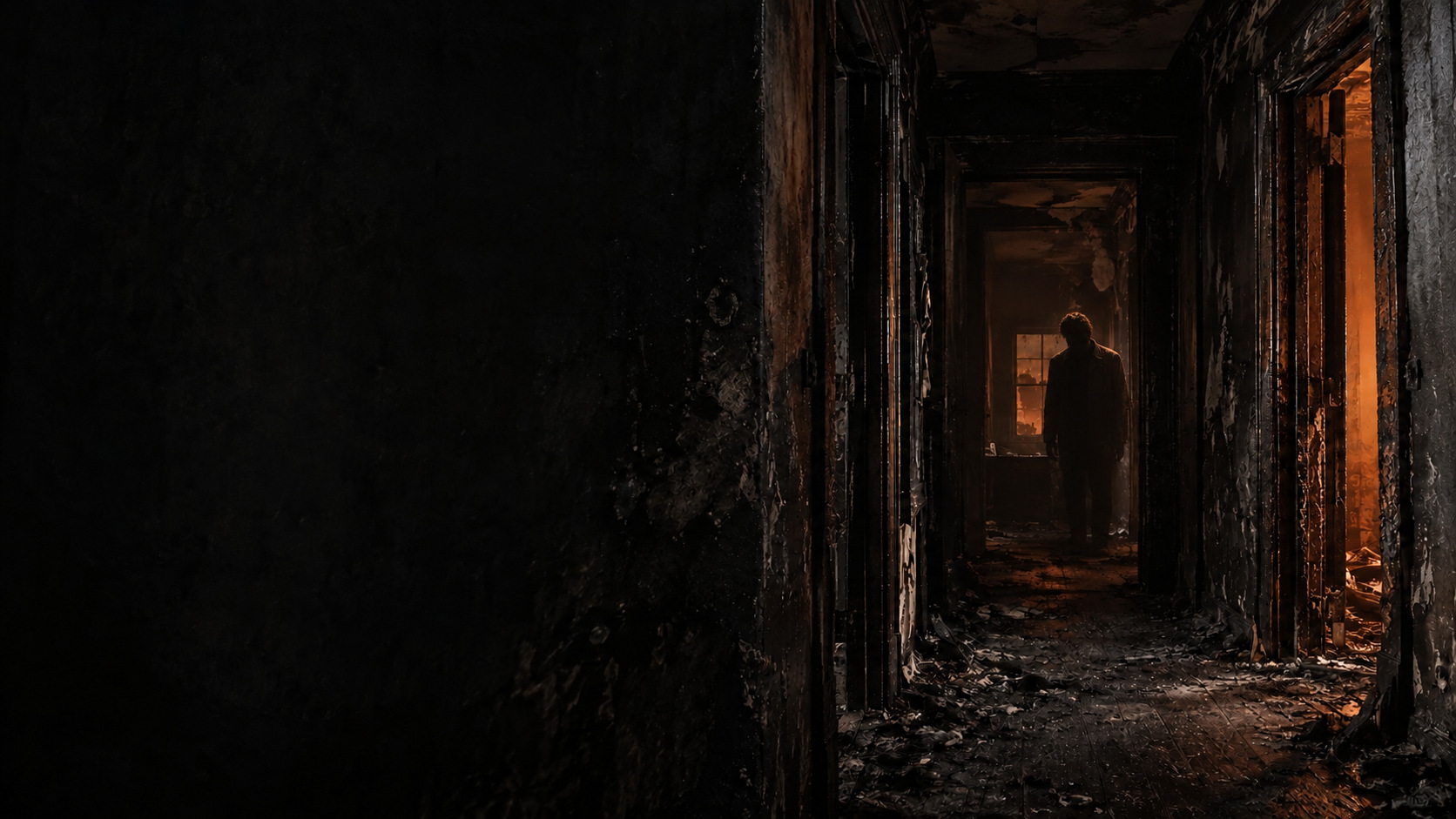 Ashes key art: a dark figure in a charred corridor