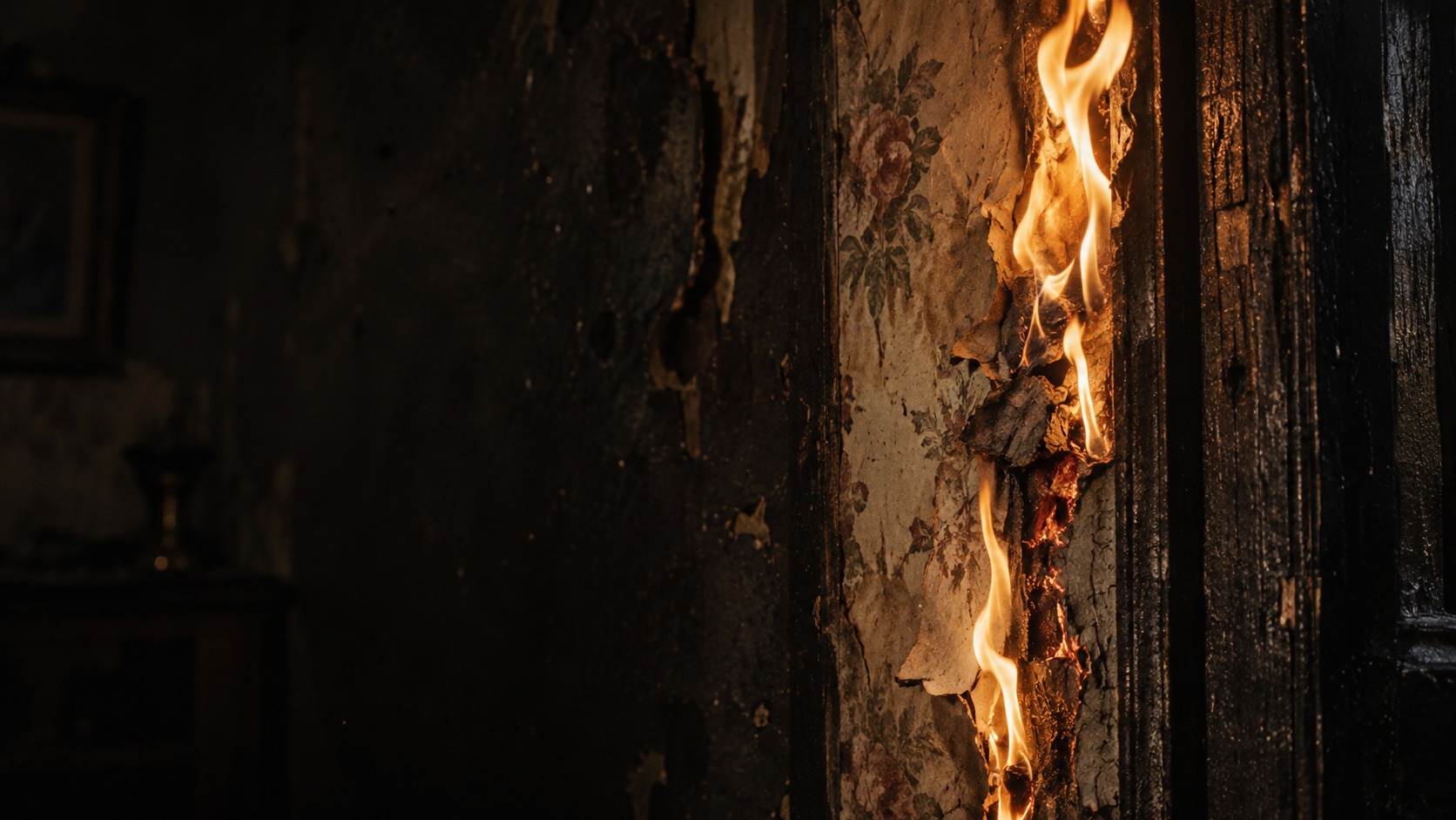 Ashes key art showing fire on a charred wall