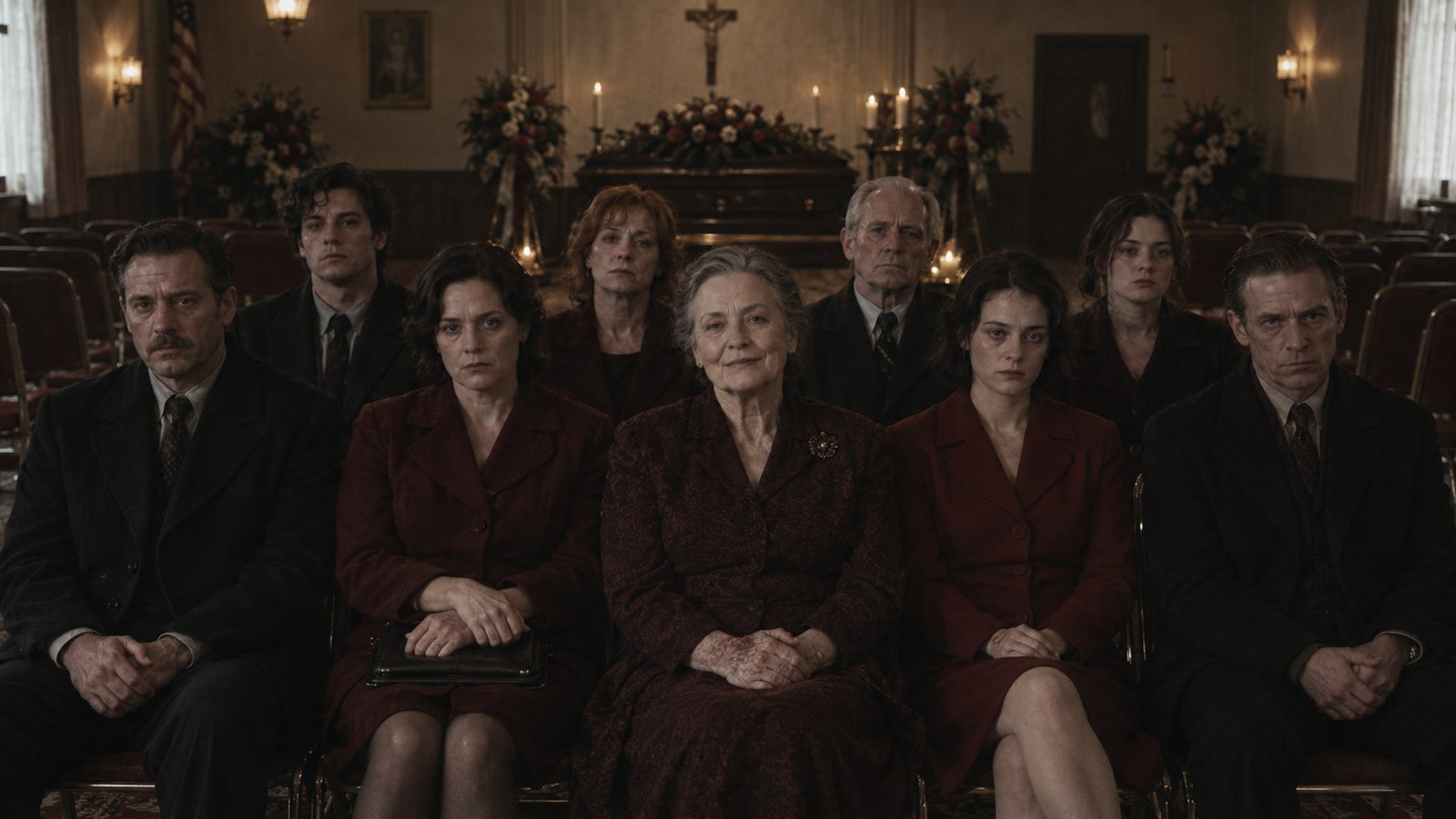 Mourners sit in two rows inside a dim funeral chapel.