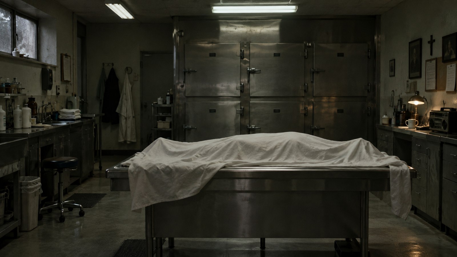 A covered body lies in a cold fluorescent-lit mortuary.