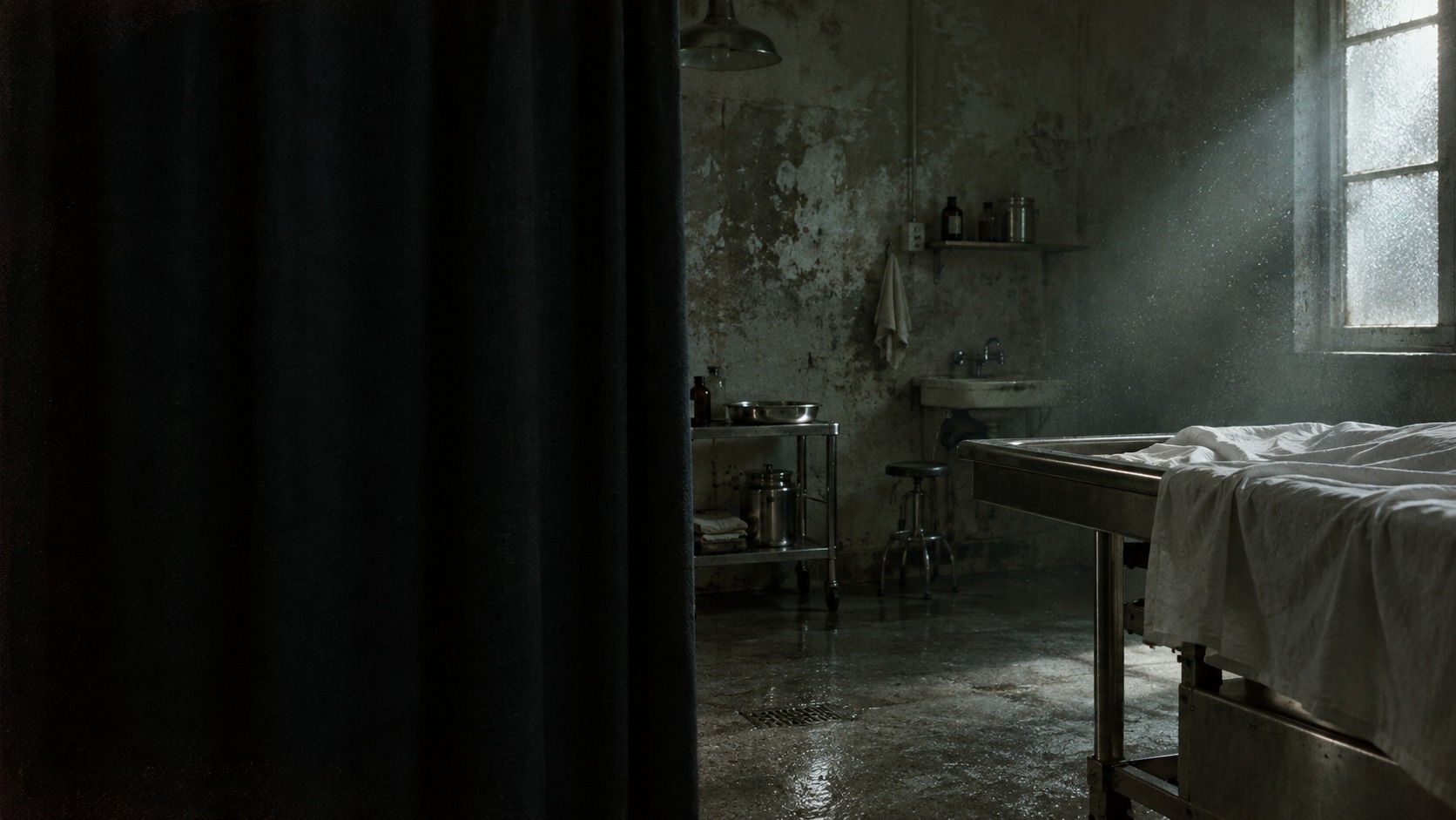 Ashes key art of a shadowed doorway opening onto a mortuary