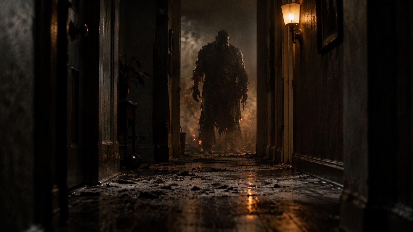 A shadowed figure stands at the end of a scorched corridor in amber light.