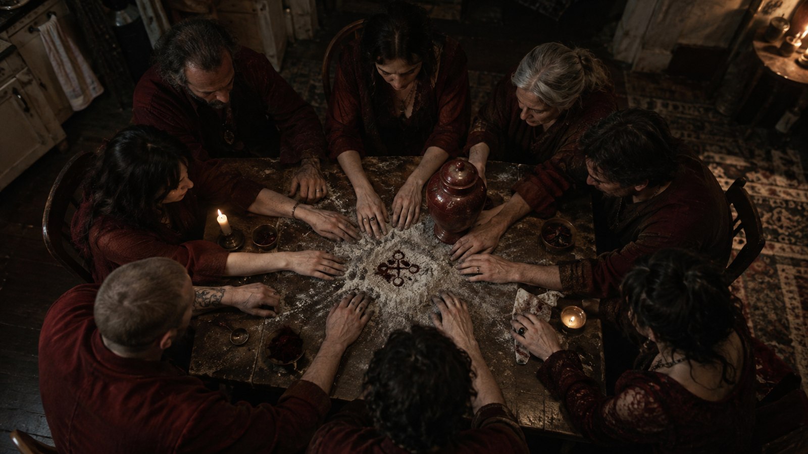 An overhead view of hands reaching toward ashes on a wooden table.