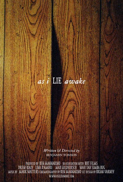 As I Lie Awake poster with a vertical wood-grain design