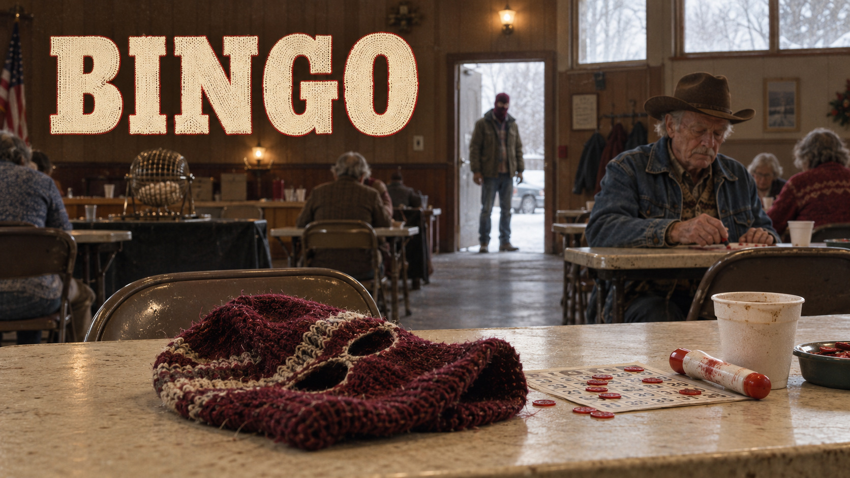 Bingo! key art with knitted lettering, a wool ski mask on a bingo table, and an elderly player ignoring a masked man in the doorway