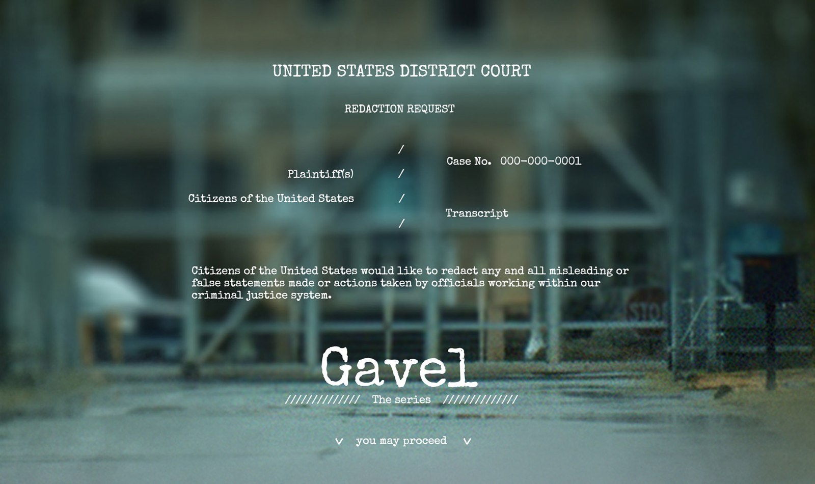 Gavel title over an institutional exterior