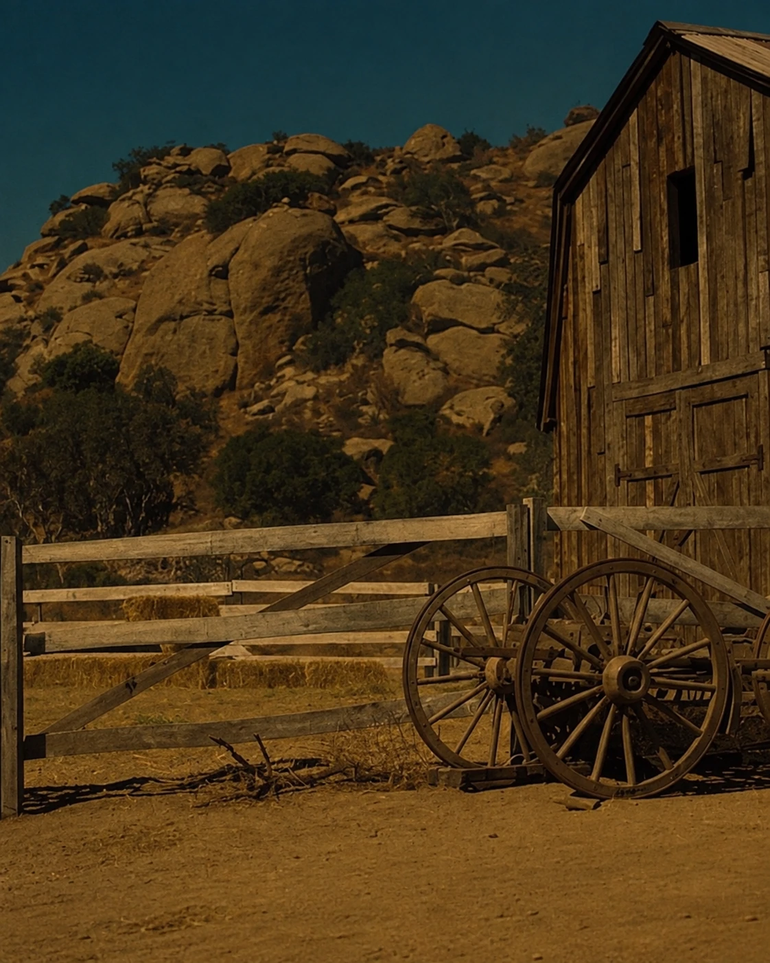 Barn, fence and wagon detail isolated from the supplied cinematic reference