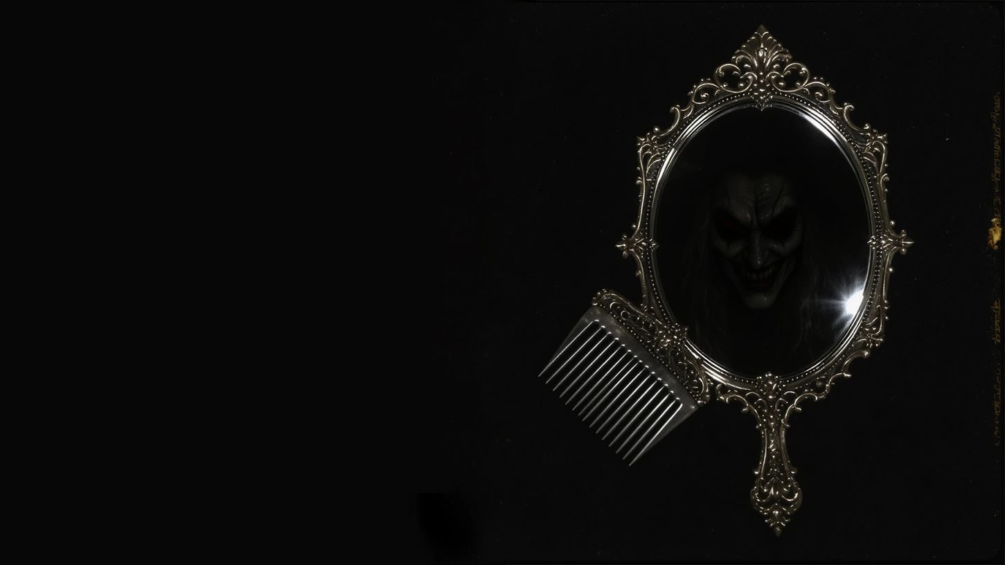 An antique mirror and comb on a dark ground