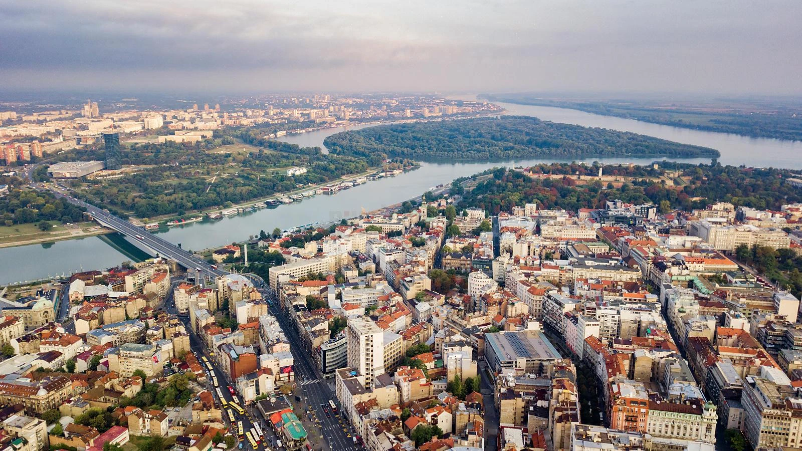 An aerial view of Belgrade at the meeting of the rivers