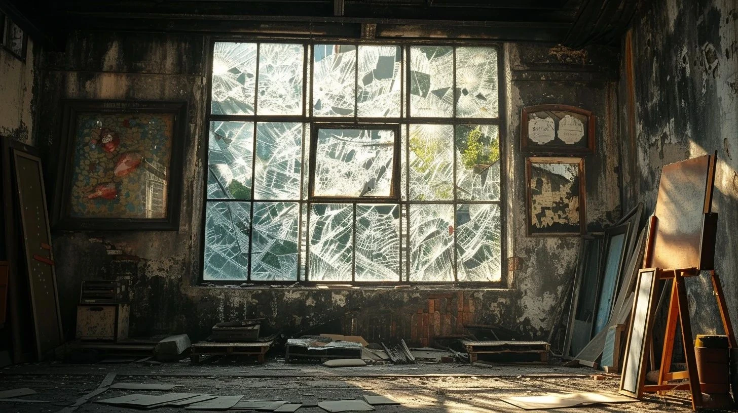 Broken studio windows, weathered walls and old canvases