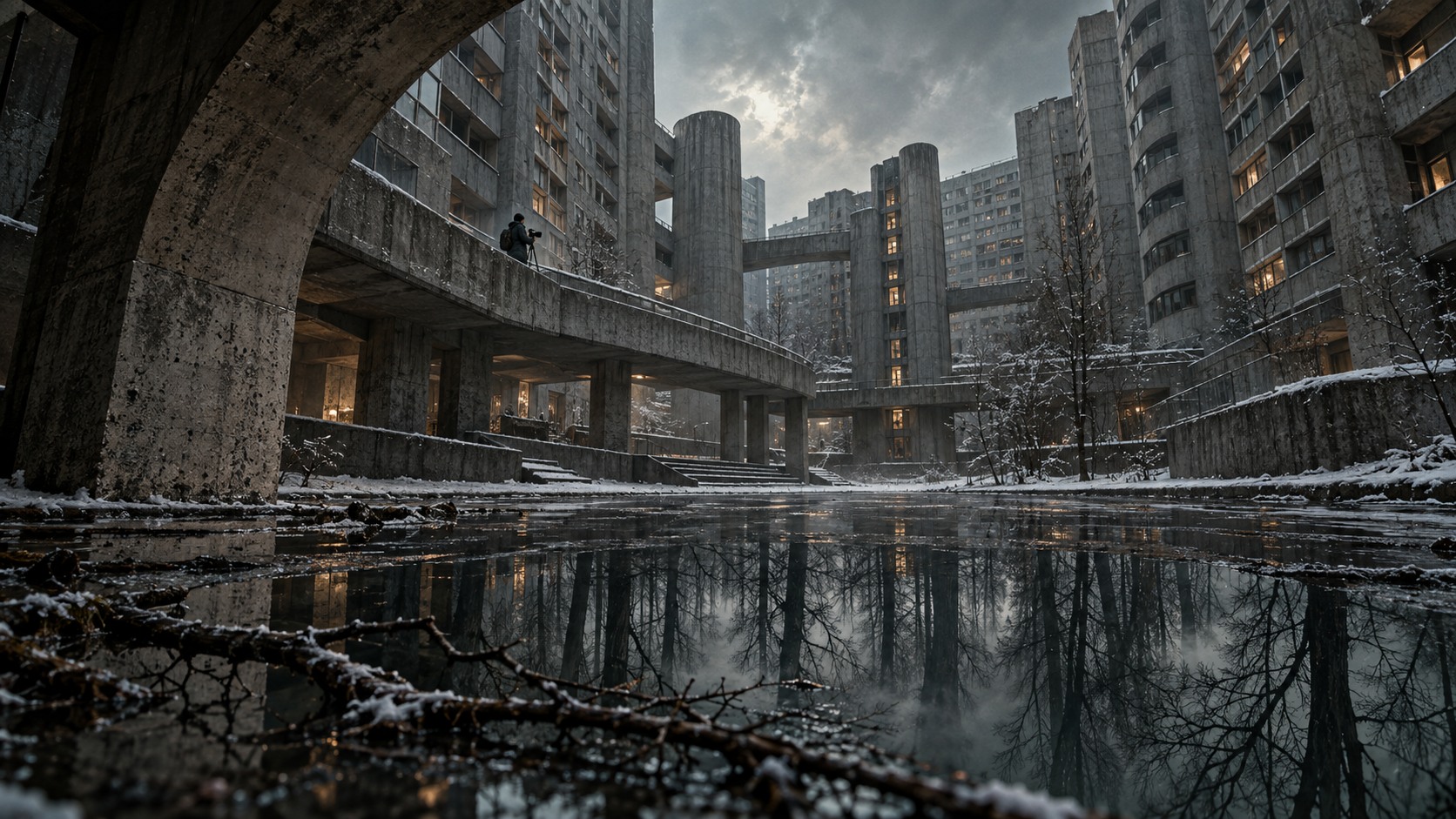 A documentarian overlooks a brutalist courtyard whose dark water reflects a winter forest.