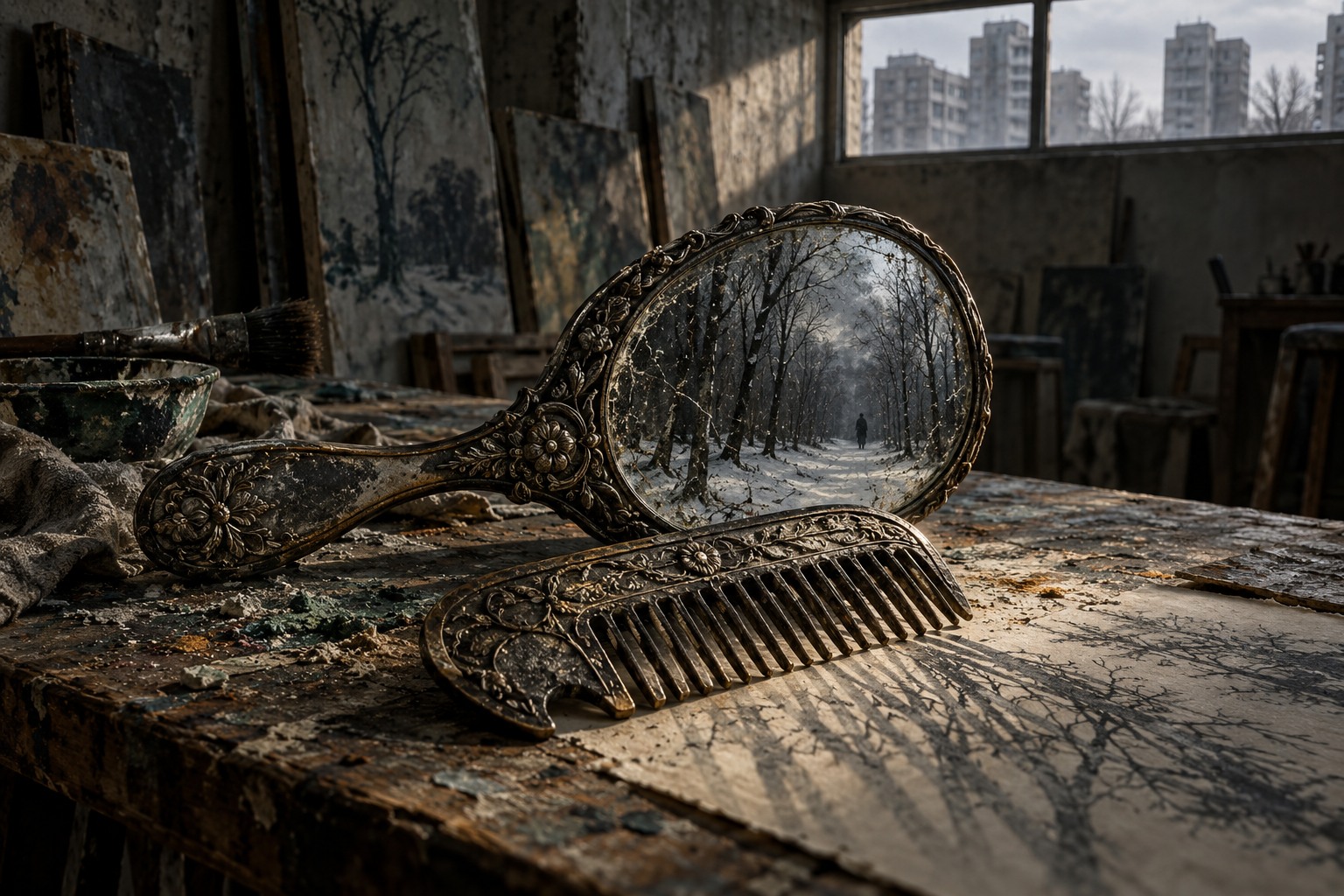 An ornate mirror and comb on a painter’s workbench, with a snowbound forest reflected in the glass.