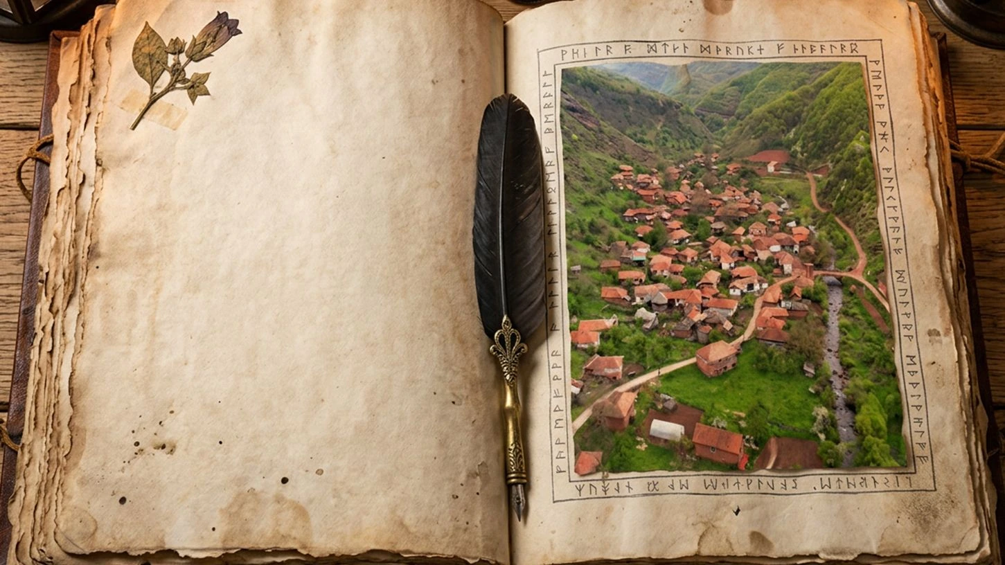 A weathered folktale book and mountain-village image