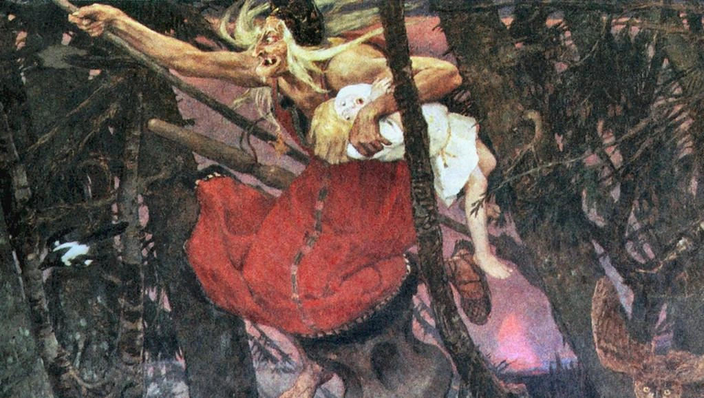 A witch moving through the woods in a folktale painting