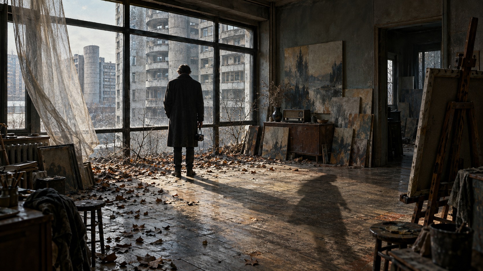 A lone documentarian stands in a decaying painter’s studio beside an impossible second shadow.