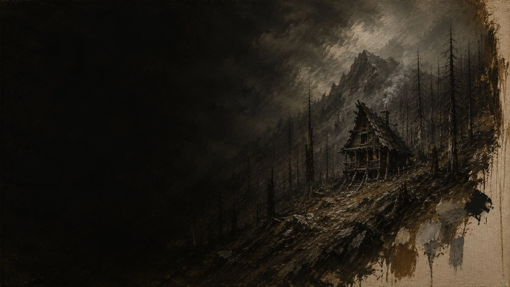 A dark cabin and mountains in a thickly painted landscape