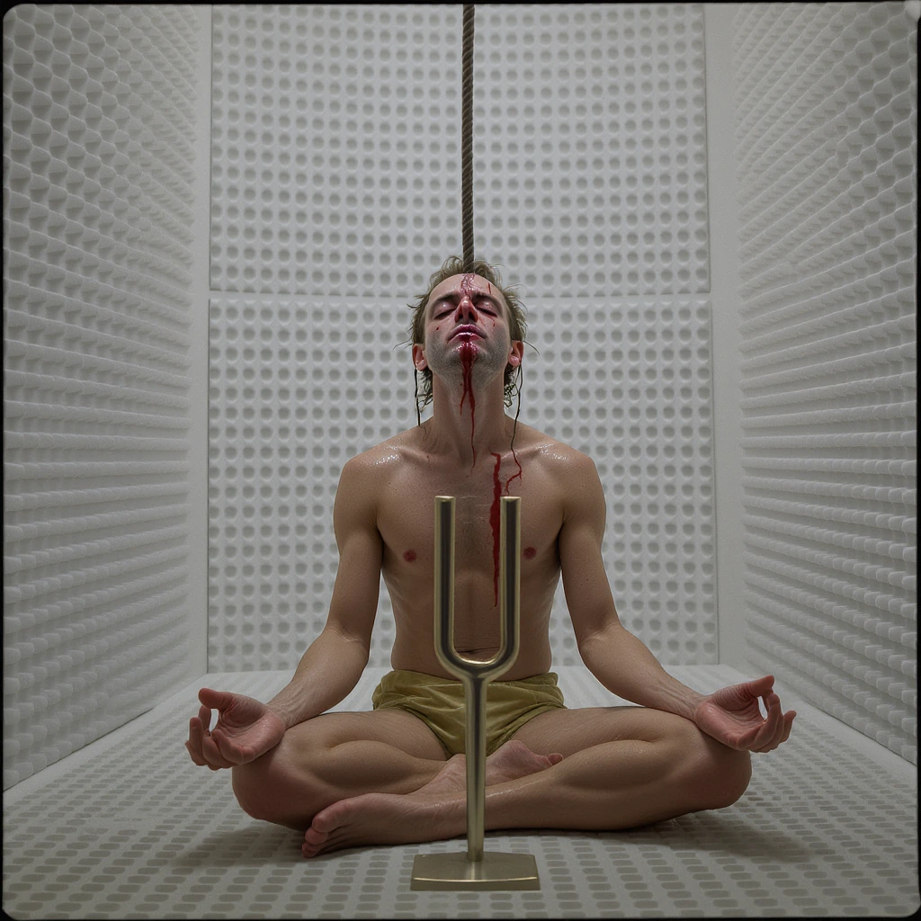 A man seated in a sound-treated chamber with a large tuning fork