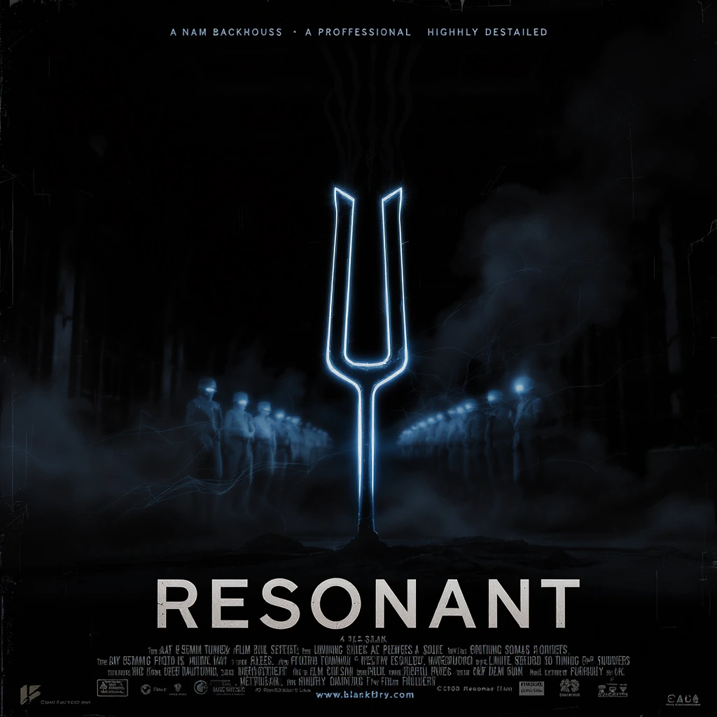 Resonant concept poster with a luminous tuning fork in a dark sonic field