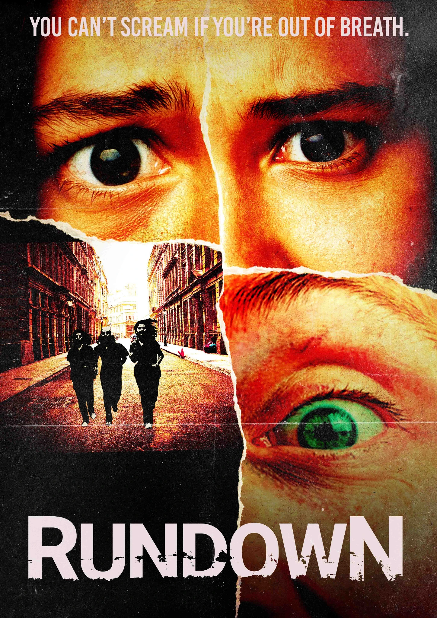 Rundown project poster combining running figures, city streets and fragmented eye close-ups
