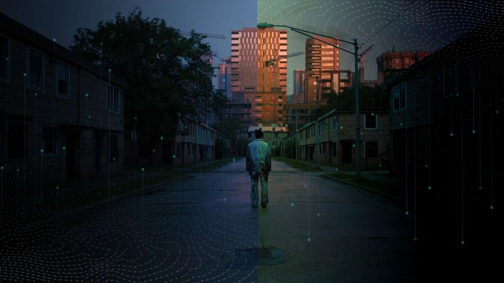 A double-exposure city street with a distant figure seen from behind