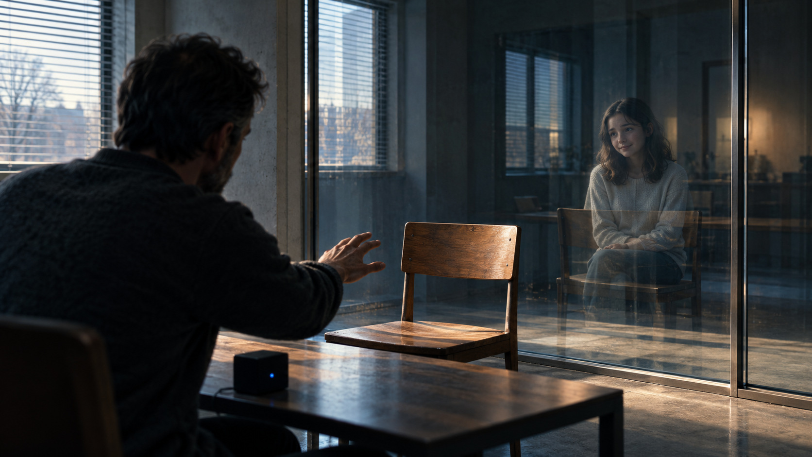 Shift key art: a father reaches toward an empty chair as his daughter appears beyond the glass