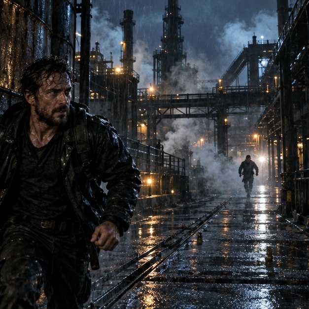 SYM visual-identity artwork of a man in a rain-soaked industrial landscape