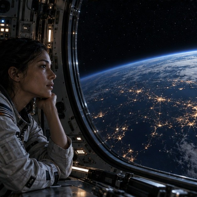 SYM visual-identity artwork: a woman looks through a circular space-station window